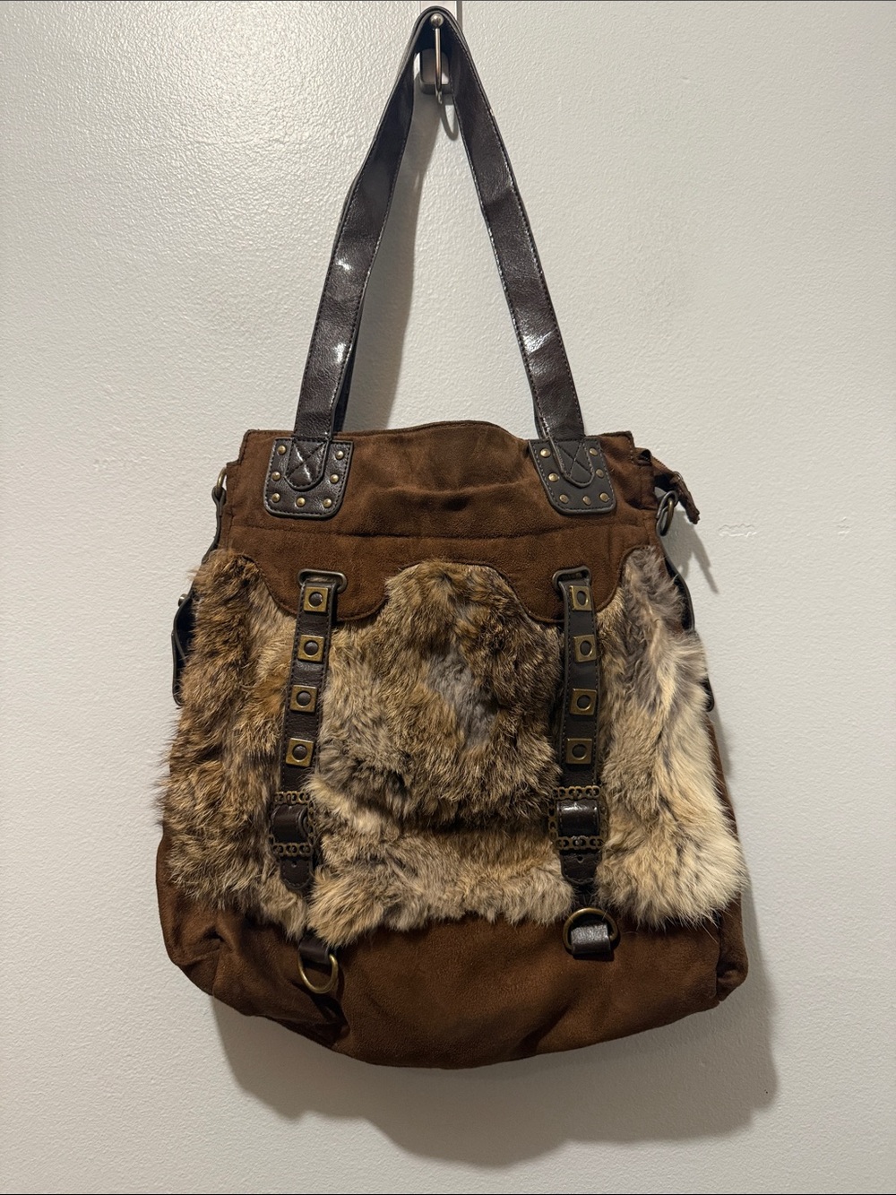 Brown Fur Accent Tote Bag Women's Shoulder Bag